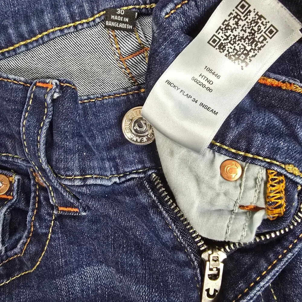 True Religion Ricky Flap Jeans Mens 30x26 Relaxed Straight Dark Wash Hemmed
